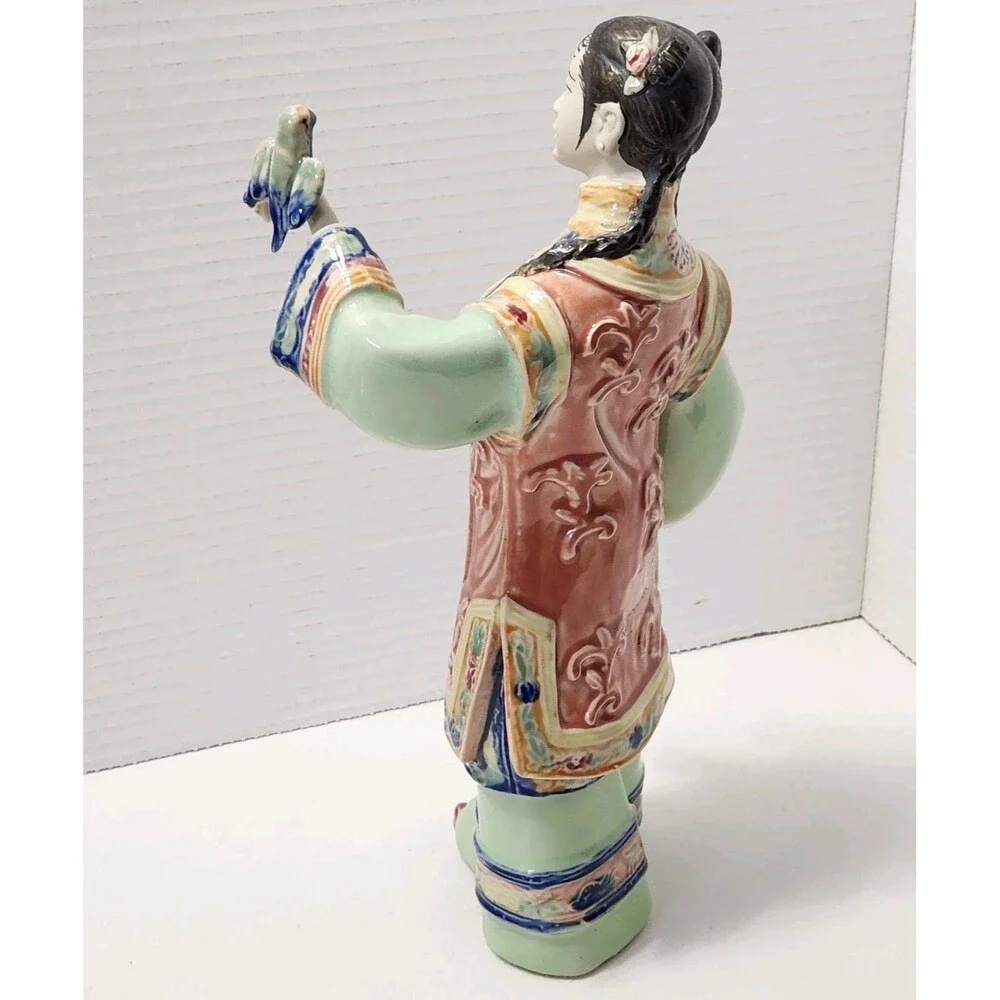 Vintage Chinese Shiwan Porcelain Lady Statue Songbird & Feeding Bowl Figurine